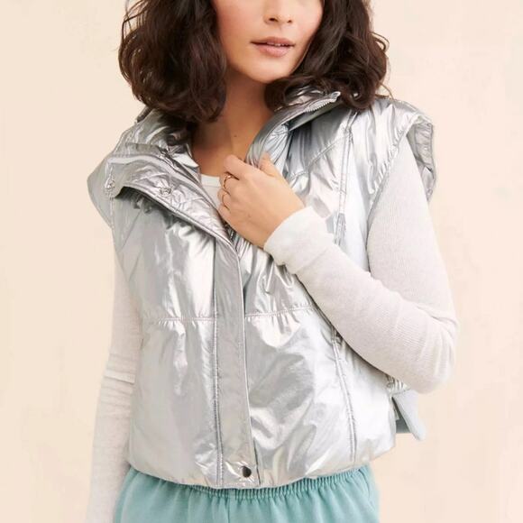 Daily Practice Anthropologie Large Metallic Hooded Puffer Vest - Picture 1 of 4